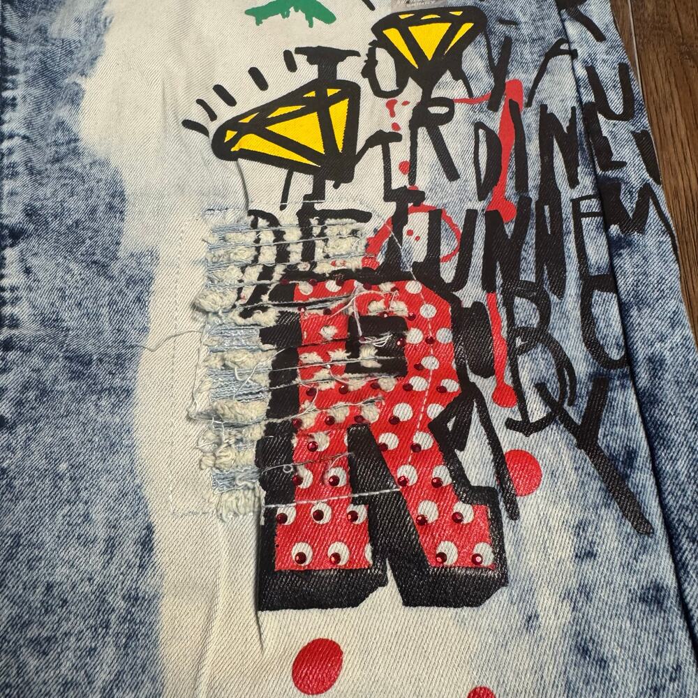 Rue 21 34 x 34 Premium Supreme Flex Skinny jean graffiti paint acid wash - Picture 9 of 13